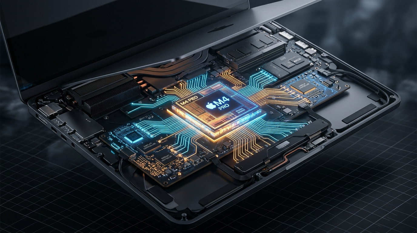 Visualisasi 3D chip prosesor Apple Silicon M-Series menyala di dalam bodi laptop transparan