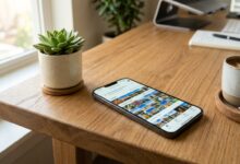 Smartphone dengan aplikasi Google Photos di atas meja kerja kayu minimalis