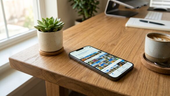 Smartphone dengan aplikasi Google Photos di atas meja kerja kayu minimalis