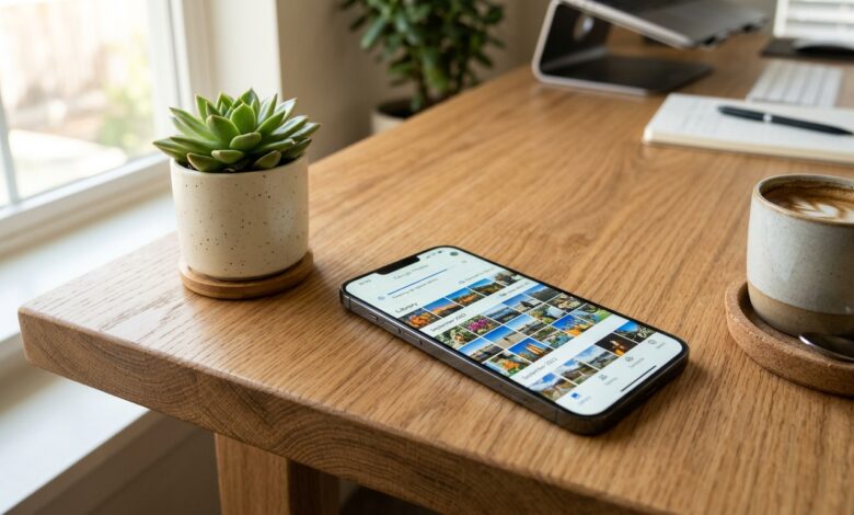 Smartphone dengan aplikasi Google Photos di atas meja kerja kayu minimalis