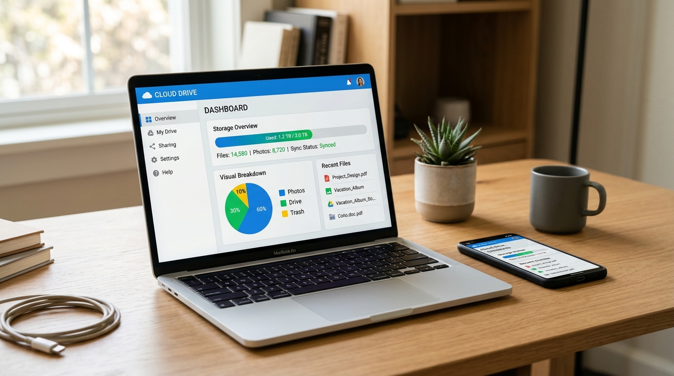 Laptop menampilkan dashboard pengelolaan kuota Google Photos dan Drive di peramban web