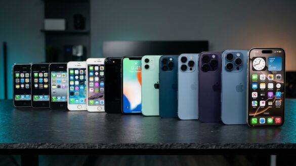 Jajaran evolusi generasi iPhone Apple dari masa ke masa di atas meja studio