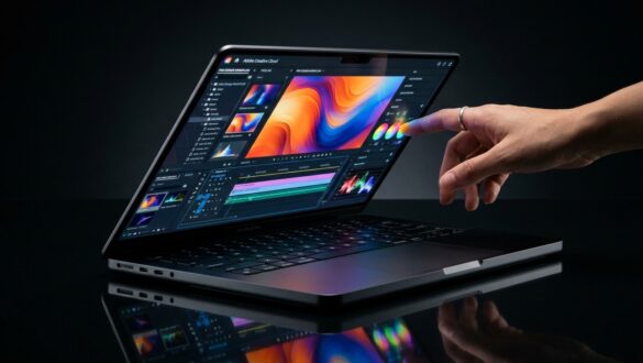 MacBook Pro warna Space Black dengan layar sentuh OLED yang sedang disentuh jari di studio gelap
