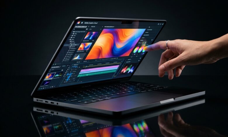 MacBook Pro warna Space Black dengan layar sentuh OLED yang sedang disentuh jari di studio gelap