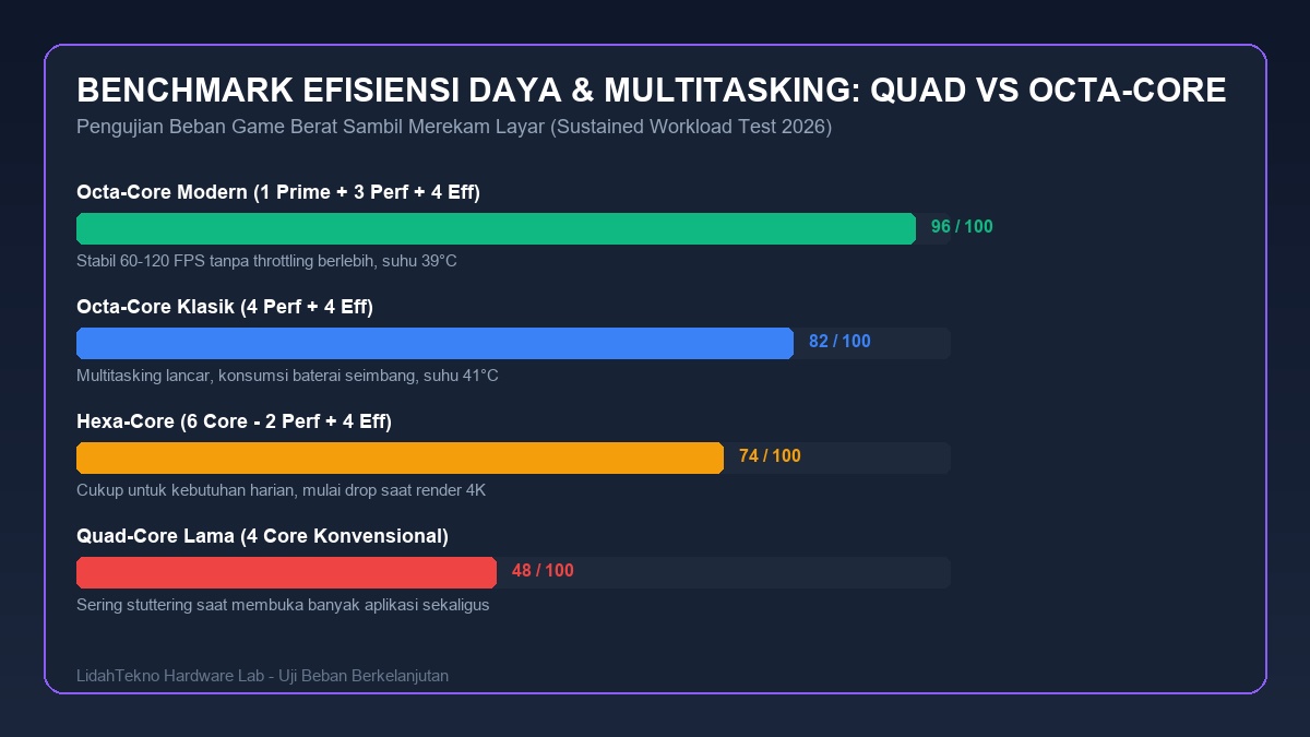 Grafik benchmark efisiensi daya dan stabilitas FPS prosesor octa core di bawah beban berat