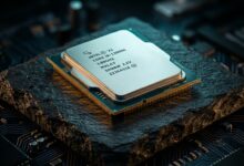 Makro silikon chip prosesor delapan inti octa-core modern di atas permukaan studio gelap