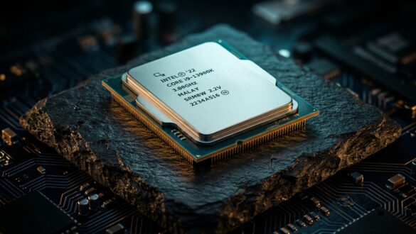 Makro silikon chip prosesor delapan inti octa-core modern di atas permukaan studio gelap