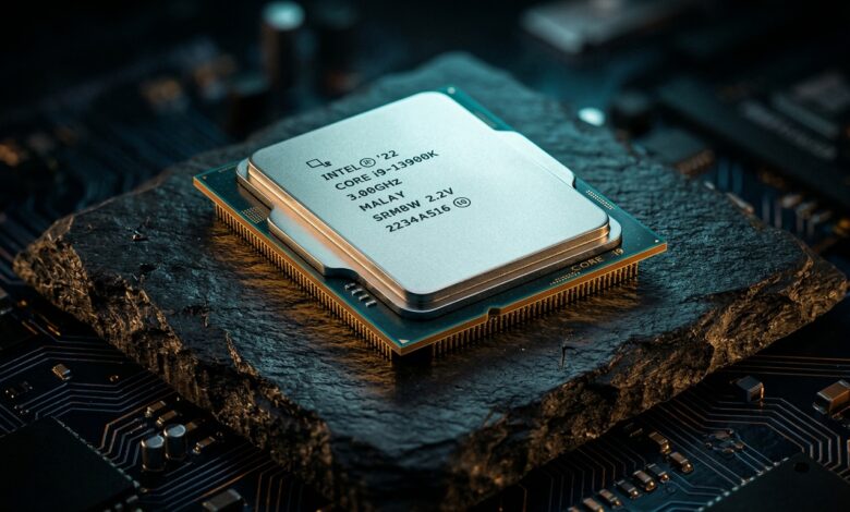 Makro silikon chip prosesor delapan inti octa-core modern di atas permukaan studio gelap