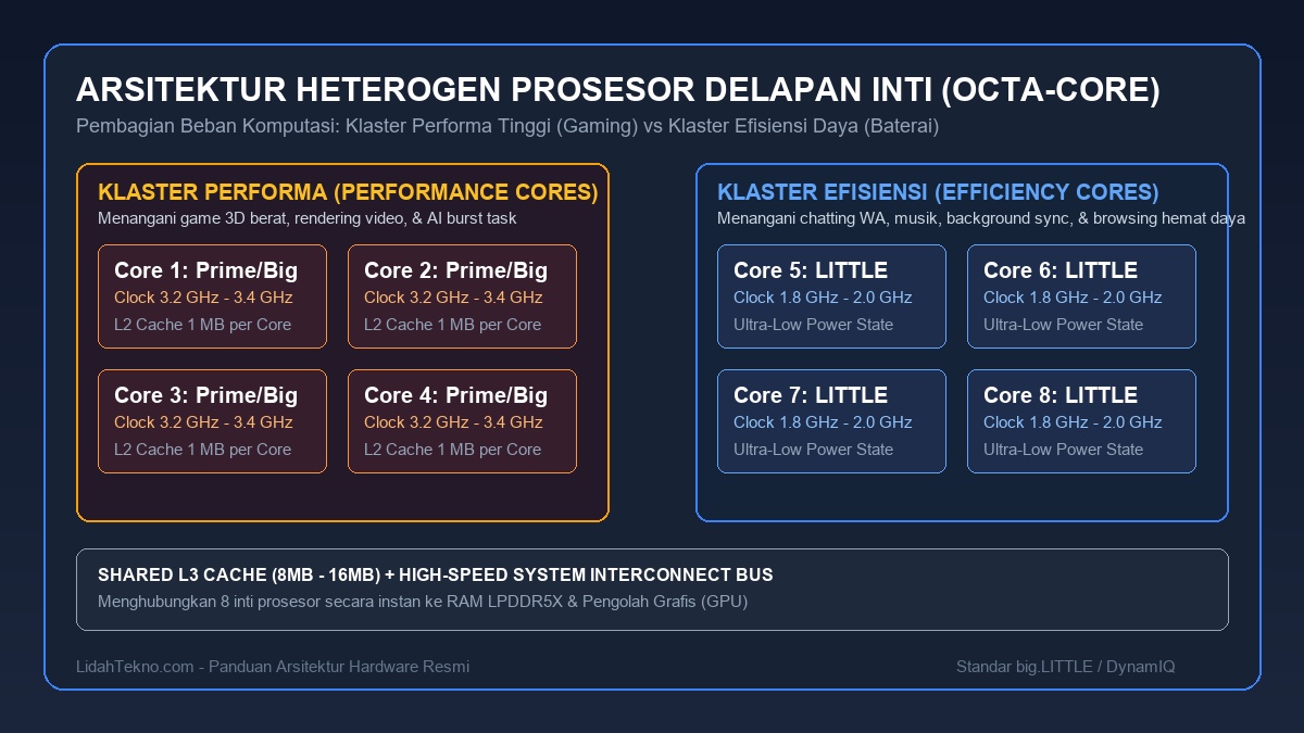 Diagram arsitektur pembagian 8 core CPU menjadi klaster performa dan efisiensi